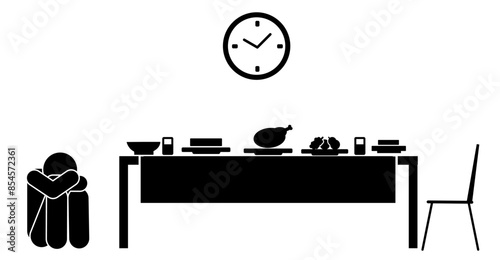 stick figure flat illustration of dieting and fasting, refusing food