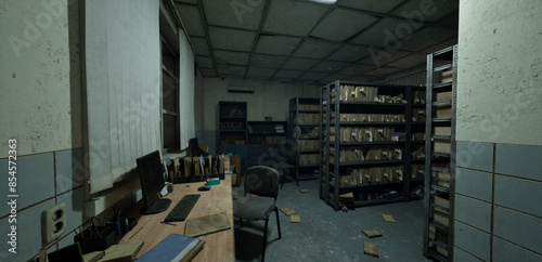 A 3D illustration of an abandoned hospital office, dimly lit with scattered papers, monitors, and shelving with files.