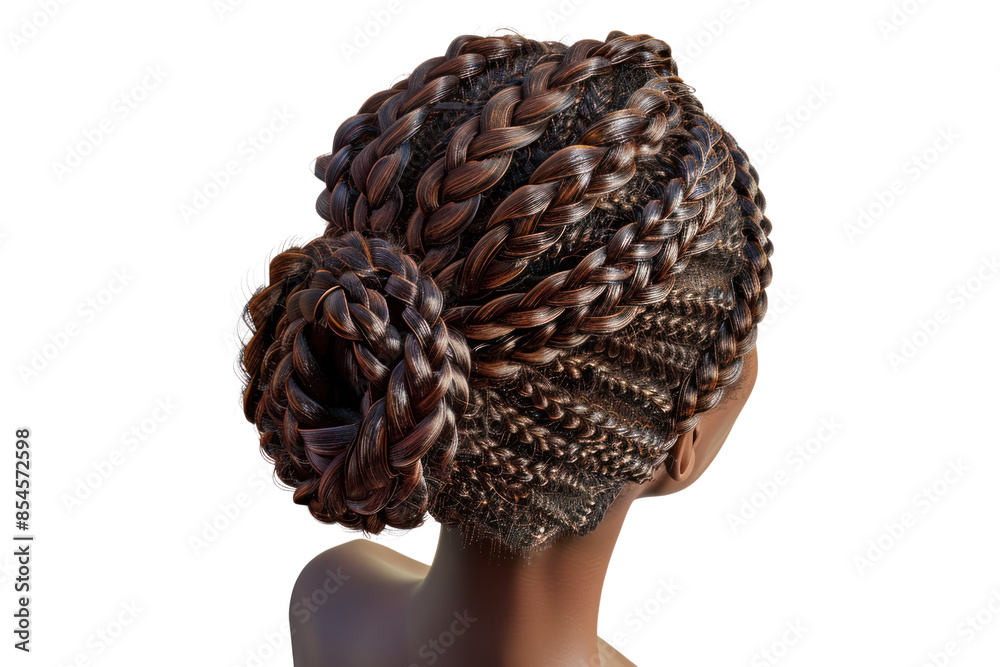 Obraz premium Close-up of a beautifully styled, intricate braided hair bun, showcasing artistic creativity and detailed hair texture.