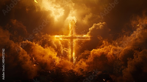 Shining aluminum cross, divine golden light illuminating the sky, fire, and enacing clouds, mystical and powerful atmosphere photo