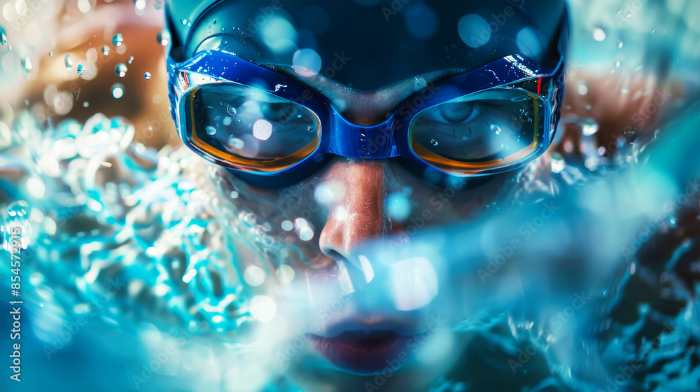 A close-up shot of a swimmers face, wearing goggles and cutting through the water, capturing the intensity of their focus A close-up shot of a swimmers face, wearing goggles and cutting through the water, capturing the intensity of their focus