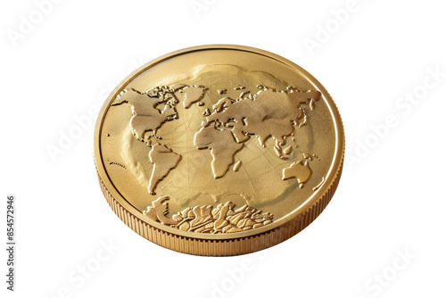 Close-up of a world map on a golden coin, showcasing global insignia and financial imagery on a white background.