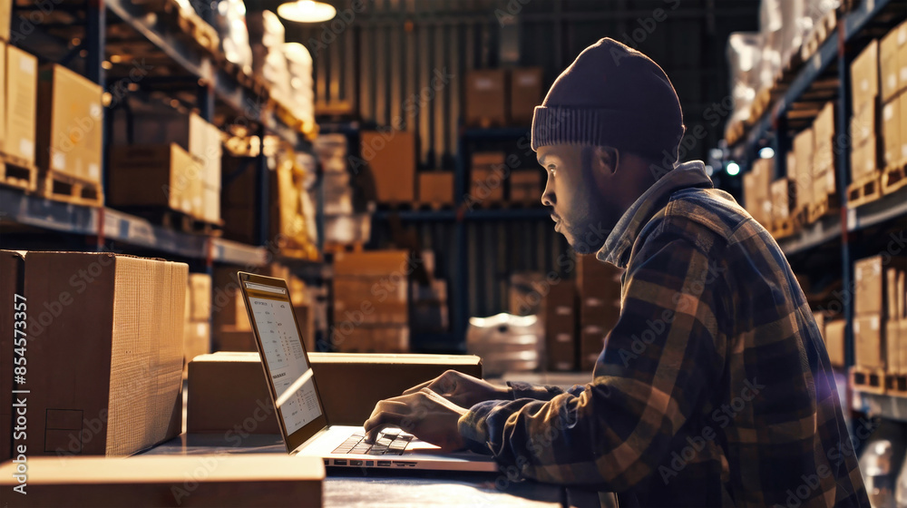 A warehouse worker diligently updates inventory records on his laptop in a bustling distribution center A warehouse worker diligently updates inventory records on his laptop in a bustling distribution center