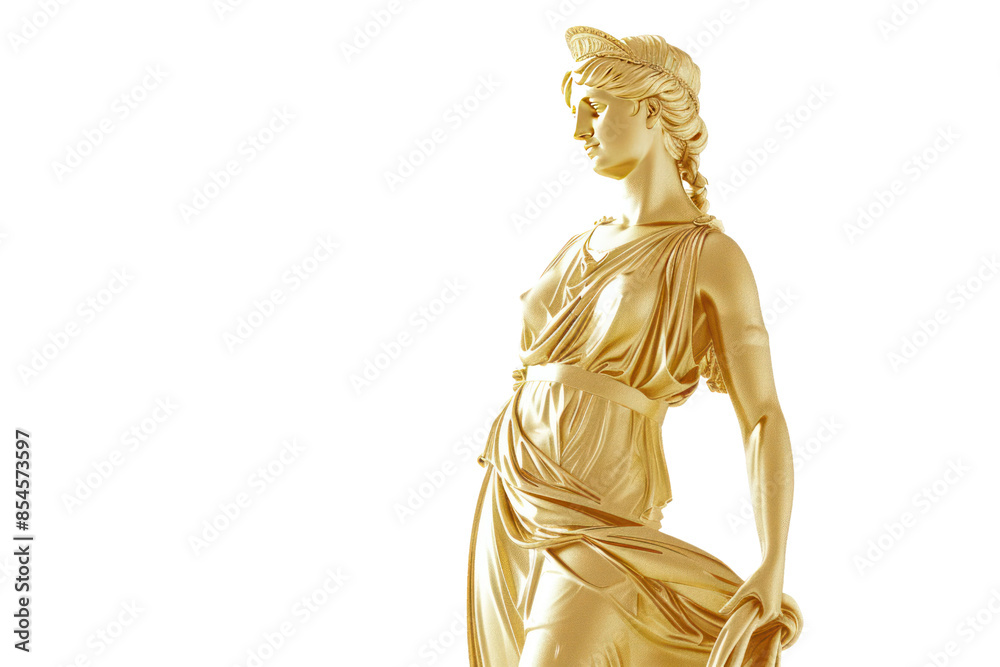 Obraz premium Elegant gold statue of a classical woman in flowing attire, isolated on a white background, capturing ancient beauty and artistic grace.