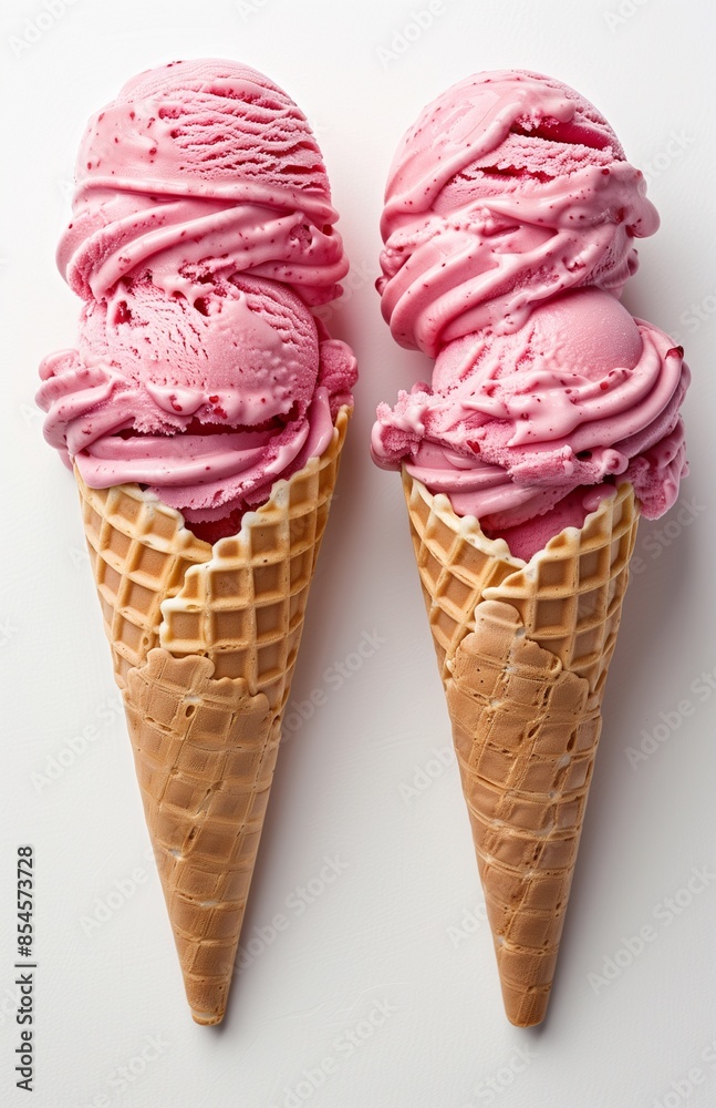 Two strawberry ice cream cones placed on a white background with a bright and appealing presentation Two strawberry ice cream cones placed on a white background with a bright and appealing presentation