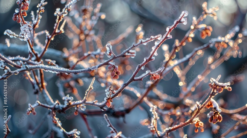 Close up view of frozen branches on a winter Mulberry bush Close up view of frozen branches on a winter Mulberry bush