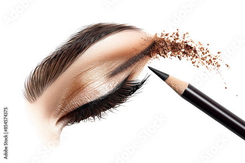 High-resolution close-up of an eye with precise eyebrow makeup application using a brown pencil for a natural look.