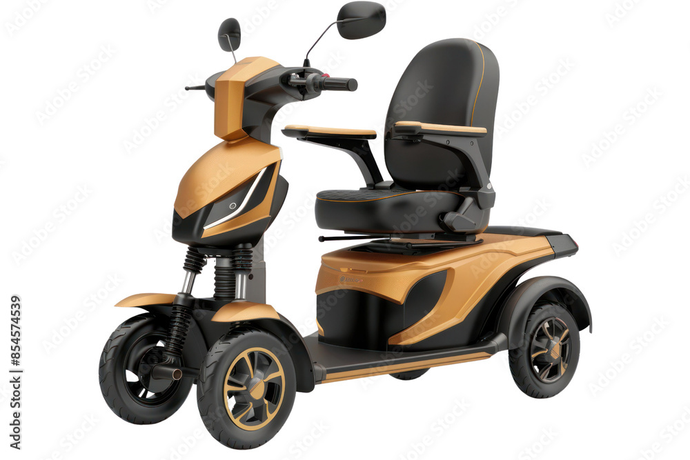 Modern electric three-wheel mobility scooter with comfortable seating in a stylish and sleek gold and black design.
