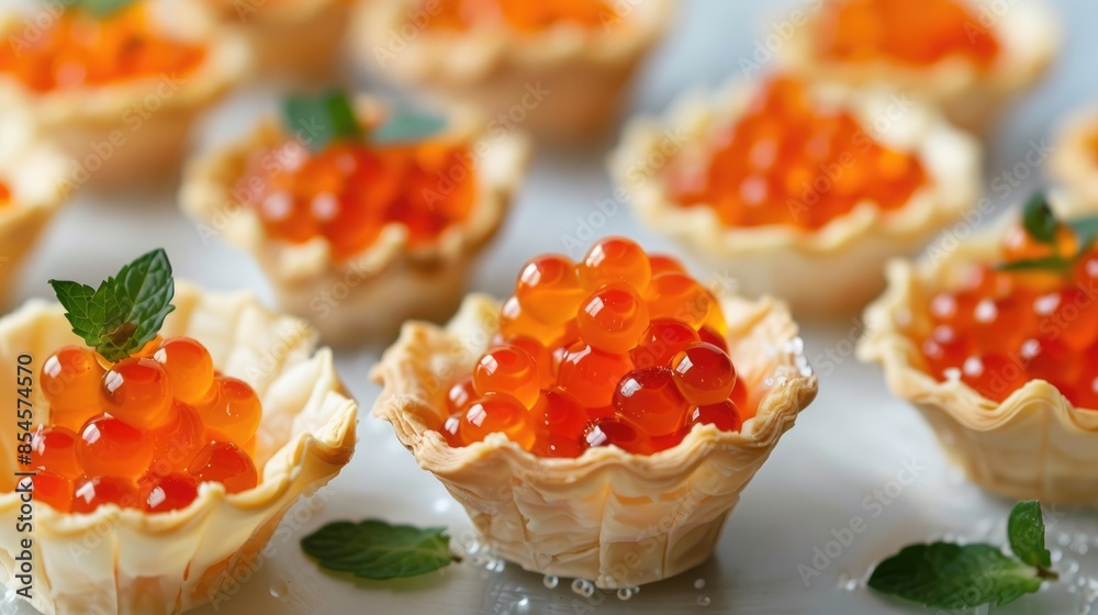 Tiny appetizers made of red caviar in small pastry shells Tiny appetizers made of red caviar in small pastry shells