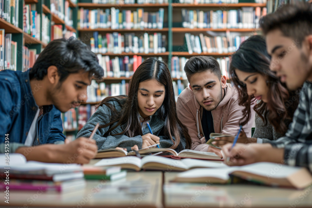 Group of students studying together in a library Group of students studying together in a library