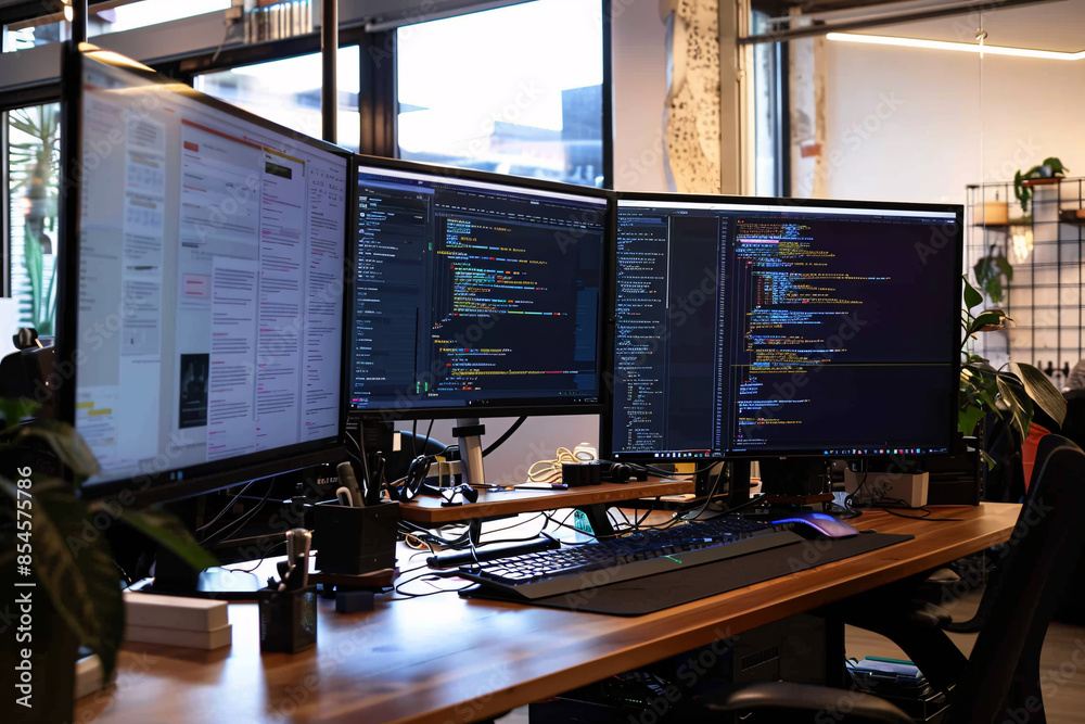 High-tech workspace with multiple monitors coding