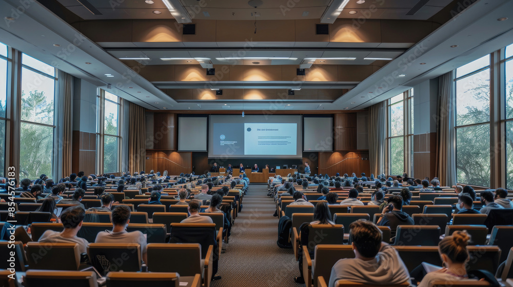 Naklejka premium Backview Perspective of Audience at Academic Conference Presentations