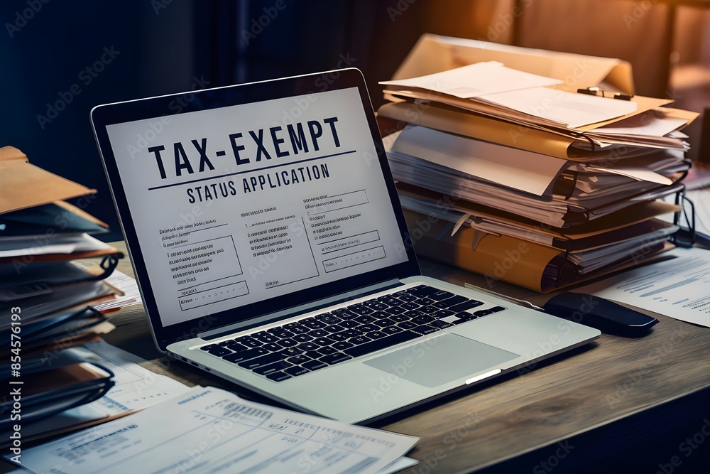 Obraz premium Tax-exempt status application on the laptop screen financial documents paperwork preparation