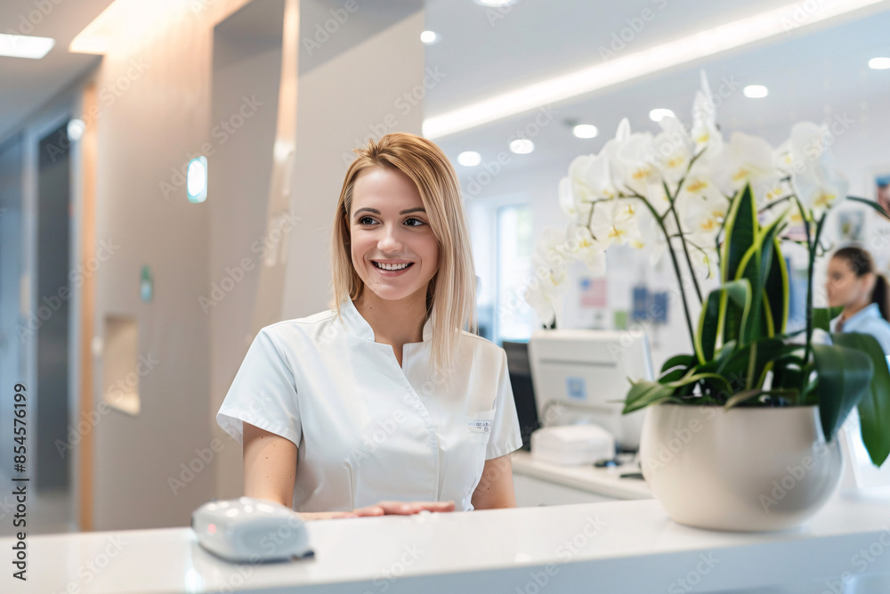 Modern clinic reception with a friendly receptionist Modern clinic reception with a friendly receptionist