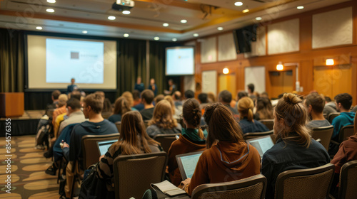 Backview Perspective of Audience at Academic Conference Presentations