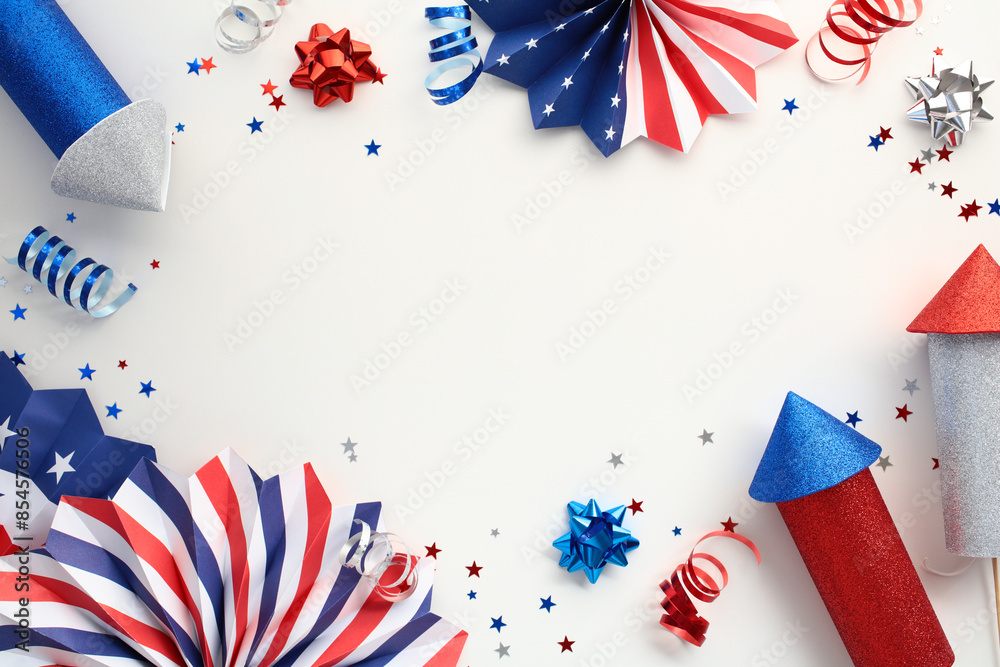 Obraz premium 4th of july usa Independence Day banner, poster design. Frame of paper fans, firecrackers, party streamers on white background. Flat lay, top view.