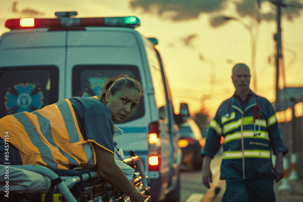 Paramedics providing emergency care ambulance scene Paramedics providing emergency care ambulance scene