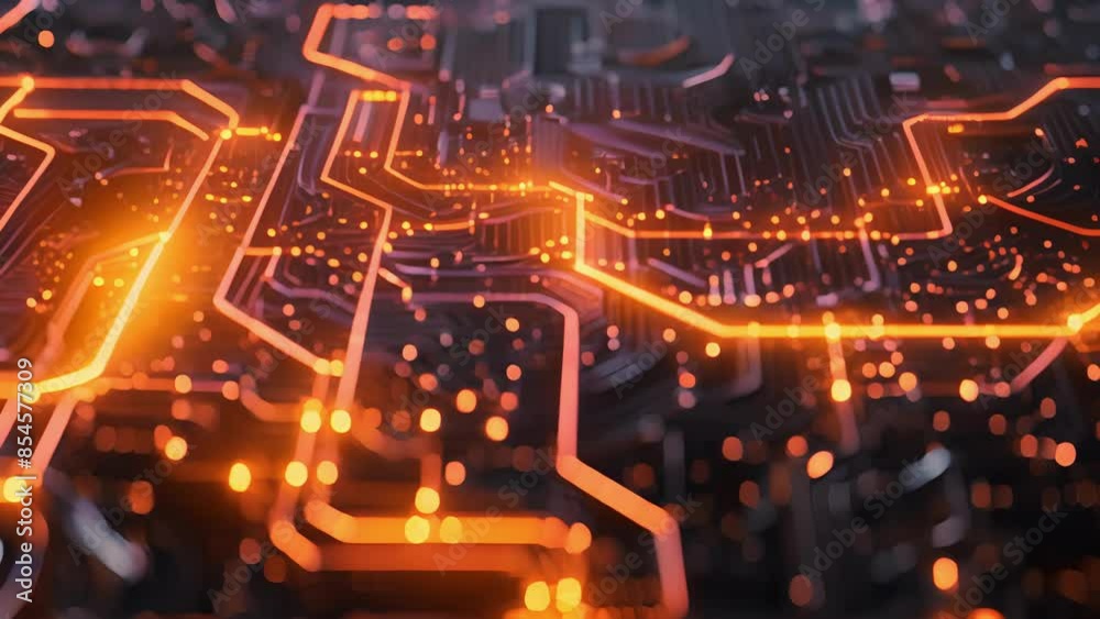 A birds eye view of a circuit with glowing pathways branching out in all directions like a bright neon cityscape. A birds eye view of a circuit with glowing pathways branching out in all directions like a bright neon cityscape.