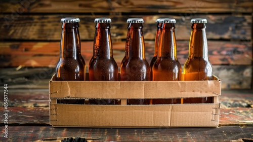 Six pack of beer in brown cardboard packaging, glass bottles, rustic and raw style, unbranded and authentic look