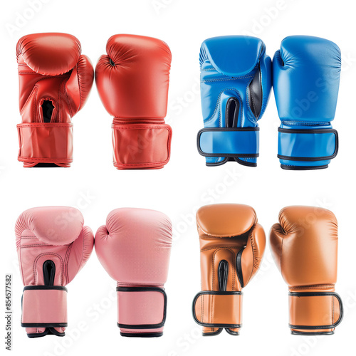 A set of red, blue, pink, brown boxing gloves on a transparent background. Multicolored boxing gloves © Katsyarina