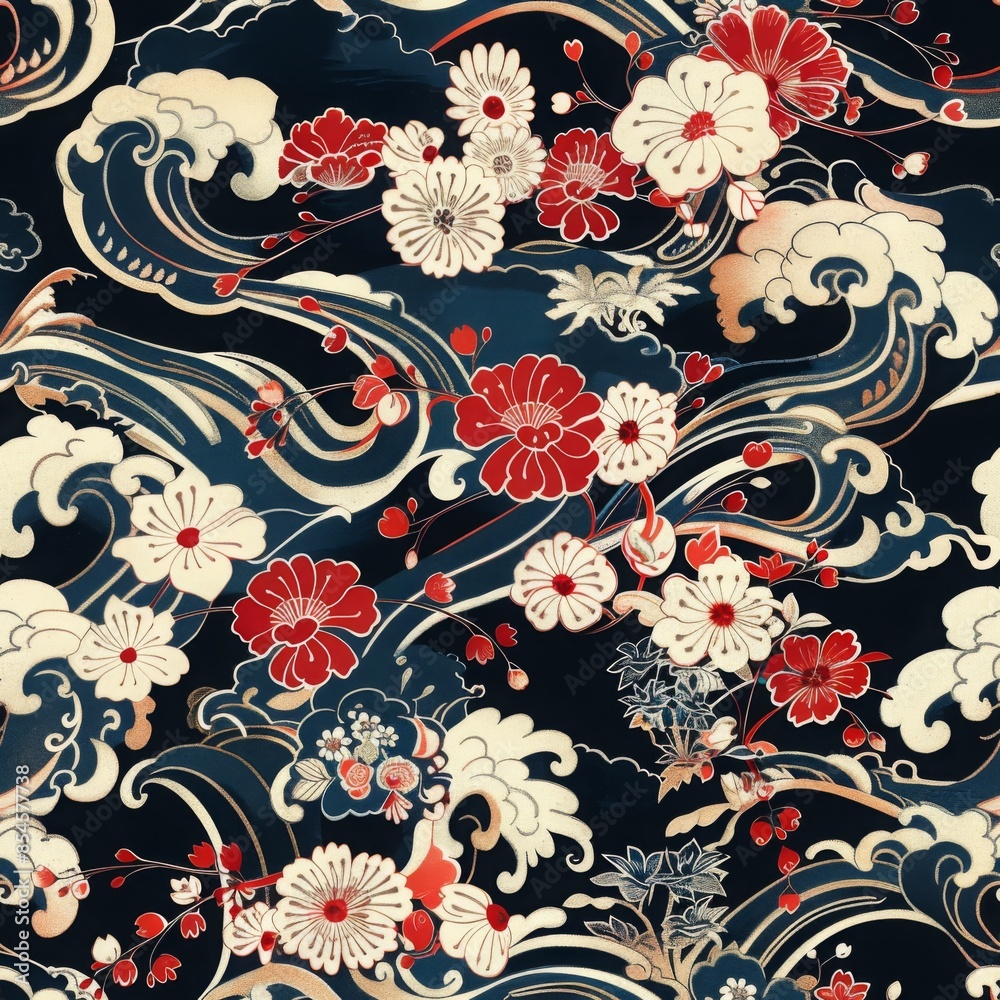 Japanese seamless pattern featuring red and white flowers flowing on stylized navy blue waves