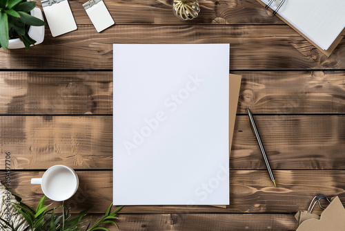 mockup of a minimal background resume with blank screen a4 paper top view selective focus