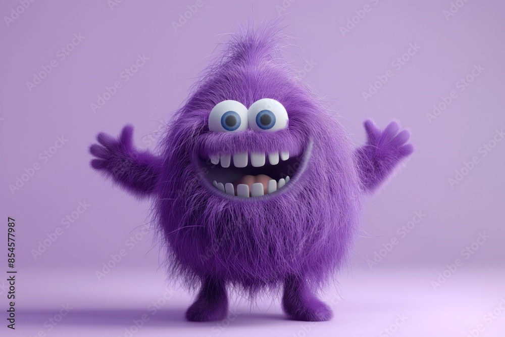 Cute Purple Fluffy Monster with Big Eyes and Horns on Pink Background. Perfect for Halloween and children's designs.