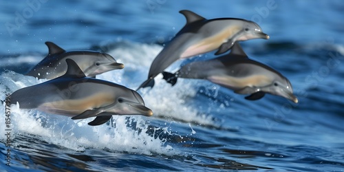 Dolphins leaping from ocean waves in a group. Concept Marine Life, Dolphin Behavior, Ocean Observations