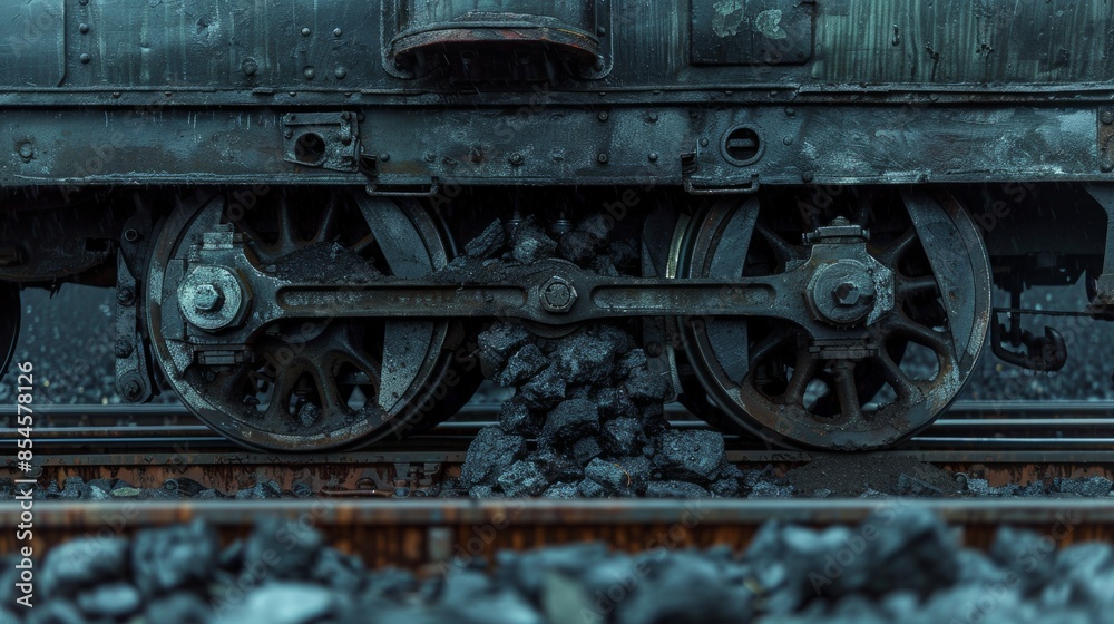 Train wheels and tracks close-up, locomotive filled with coal, raw and powerful imagery, along the railroad line Train wheels and tracks close-up, locomotive filled with coal, raw and powerful imagery, along the railroad line