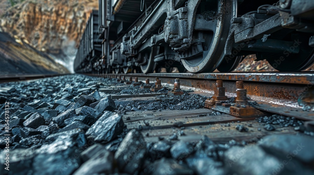 Train wheels and tracks close-up, locomotive filled with coal, raw and powerful imagery, along the railroad line Train wheels and tracks close-up, locomotive filled with coal, raw and powerful imagery, along the railroad line