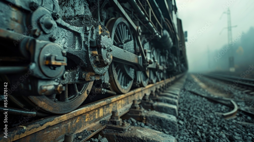 Naklejka premium Train wheels and tracks close-up, locomotive filled with coal, raw and powerful imagery, along the railroad line