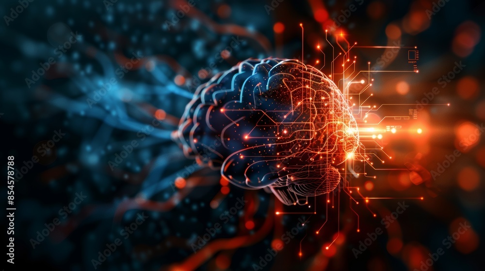 Digitally enhanced image of a human brain with glowing neural connections, representing artificial intelligence and neural networks. Digitally enhanced image of a human brain with glowing neural connections, representing artificial intelligence and neural networks.
