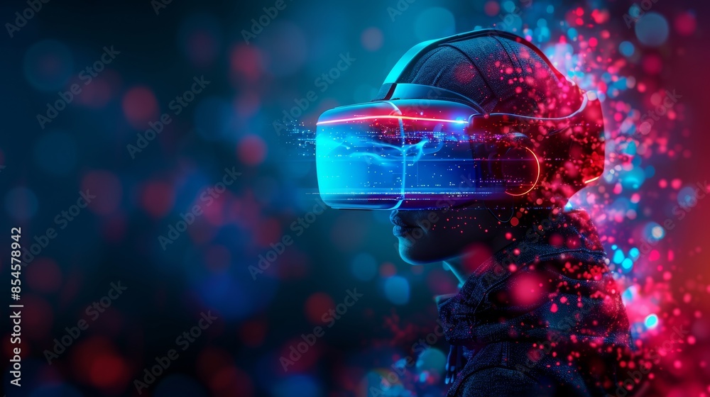 Futuristic concept of a person wearing a virtual reality headset with vibrant neon lights and digital effects. High-tech entertainment and innovation. Futuristic concept of a person wearing a virtual reality headset with vibrant neon lights and digital effects. High-tech entertainment and innovation.