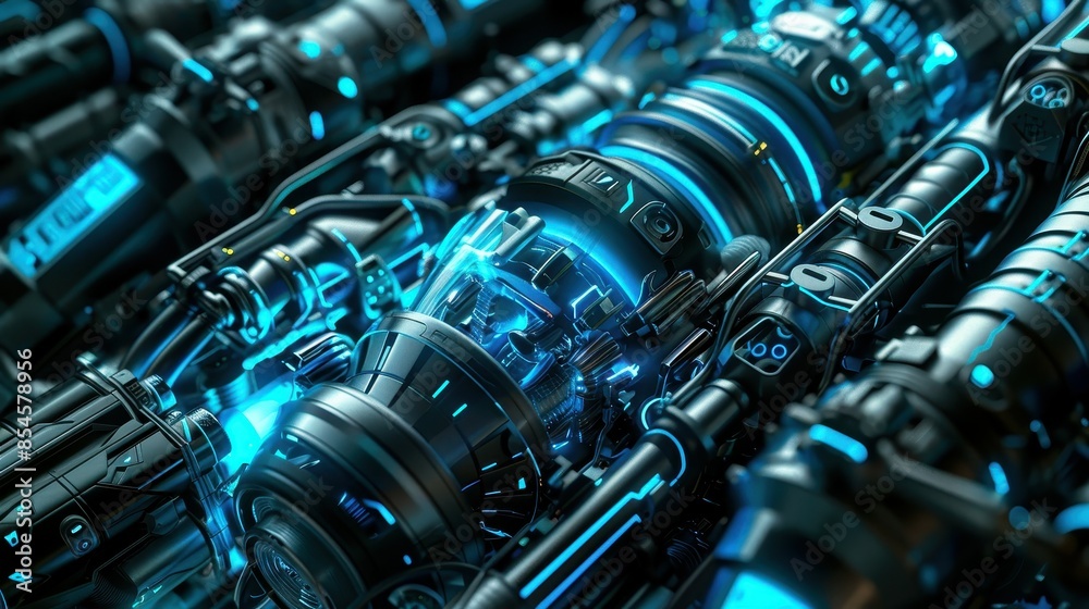 Close-up of high-tech industrial machine components with glowing blue lights, showcasing advanced technology and intricate engineering. Close-up of high-tech industrial machine components with glowing blue lights, showcasing advanced technology and intricate engineering.