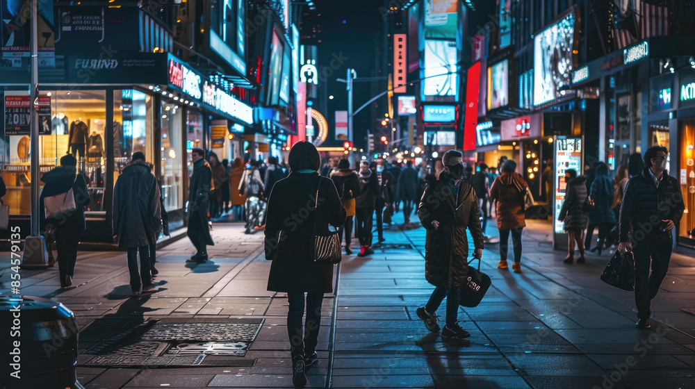 Obraz premium Nighttime Rush in the City. People Moving Through Busy Streets