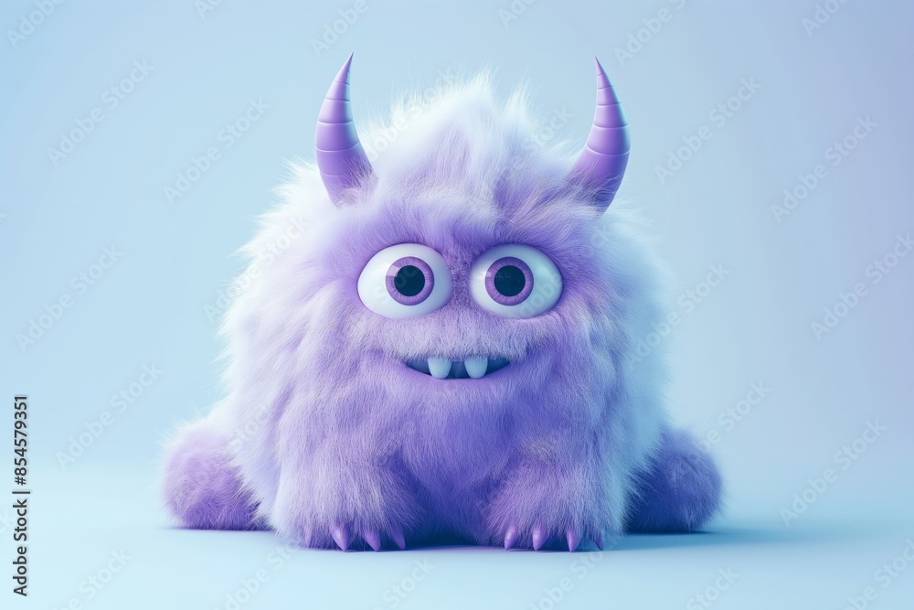 Adorable Purple Fluffy Monster with Horns and Big Eyes on Light Blue Background. Ideal for Halloween and children's designs. Adorable Purple Fluffy Monster with Horns and Big Eyes on Light Blue Background. Ideal for Halloween and children's designs.