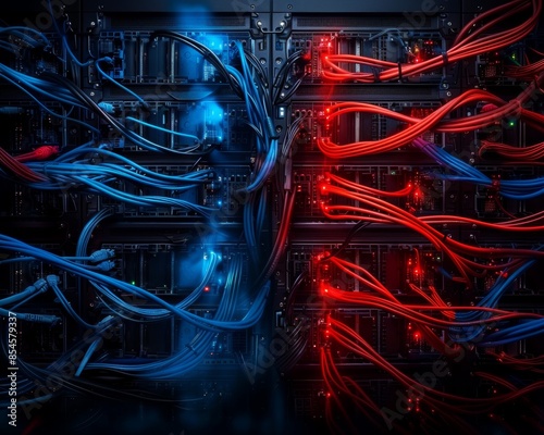 High-tech server rack with red and blue network cables in a data center, illustrating digital connectivity and information technology. photo