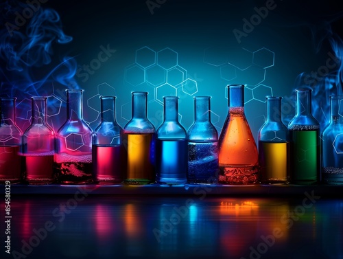 Vibrant laboratory glassware with colorful chemicals, creating an atmospheric scientific environment with smoke and molecular structures.