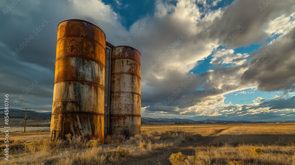 Two Rusty Silos Stand Against Partly Cloudy Sky in Expansive Landscape Two Rusty Silos Stand Against Partly Cloudy Sky in Expansive Landscape