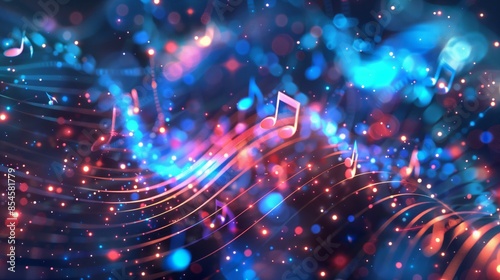 Abstract musical background with stave and note icons in blue and purple colors