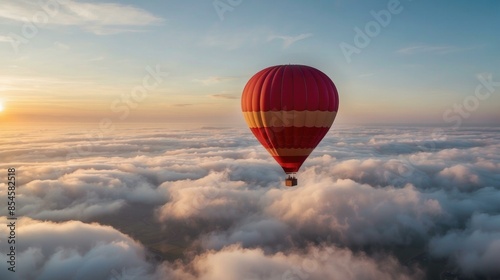 Hot air balloon ride above the clouds at sunrise. AI. photo