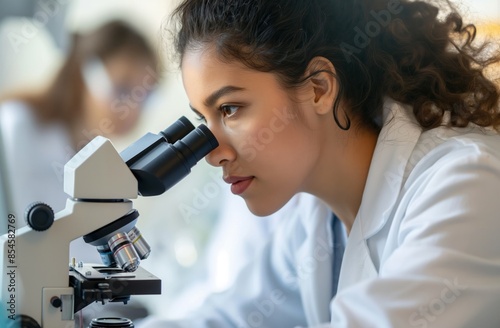 Female Scientist Using Microscope - Close-up of a young female scientist examining samples through a microscope in a laboratory setting. Perfect for themes of science, research, and education.