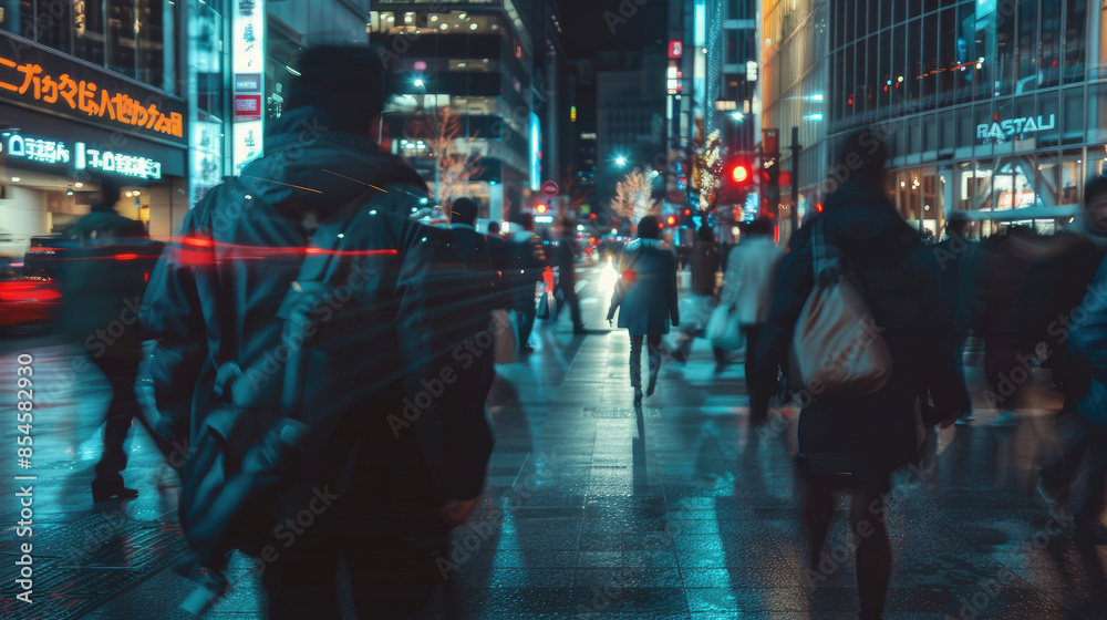 Obraz premium Nighttime Rush in the City. People Moving Through Busy Streets