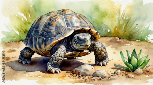 Watercolor painting: A baby tortoise taking its first steps, its tiny shell and curious nature capturing the essence of new life and discovery,