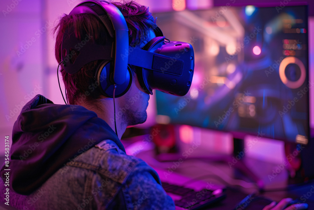 Virtual reality gaming setup gamer with VR headset immersive Virtual reality gaming setup gamer with VR headset immersive