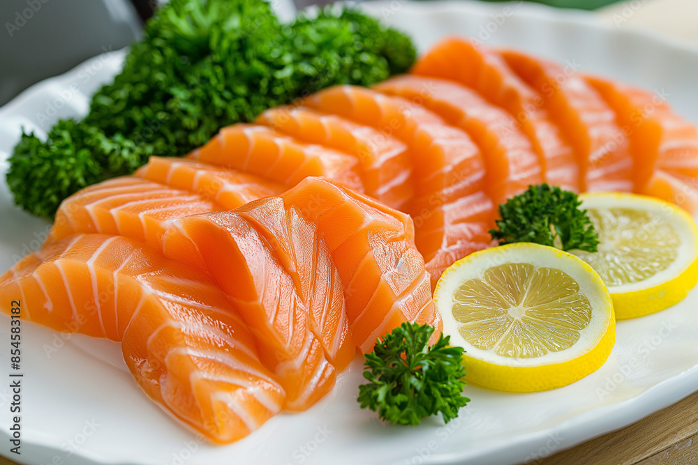 sliced Salmon with parsley leaf And lemon on white background. Image for cafe menu, Banner sliced Salmon with parsley leaf And lemon on white background. Image for cafe menu, Banner