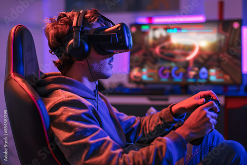 Virtual reality gaming setup gamer with VR headset immersive © Daniel