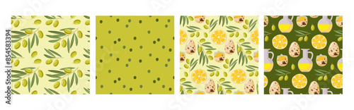 Olive mayonnaise Seamless pattern. Ingredients of mayonnaise sauce and abstract dots print. Set of four. Hand drawn doodle vector Food template for menu, wallpaper, wrapping, textile, scrapbooking