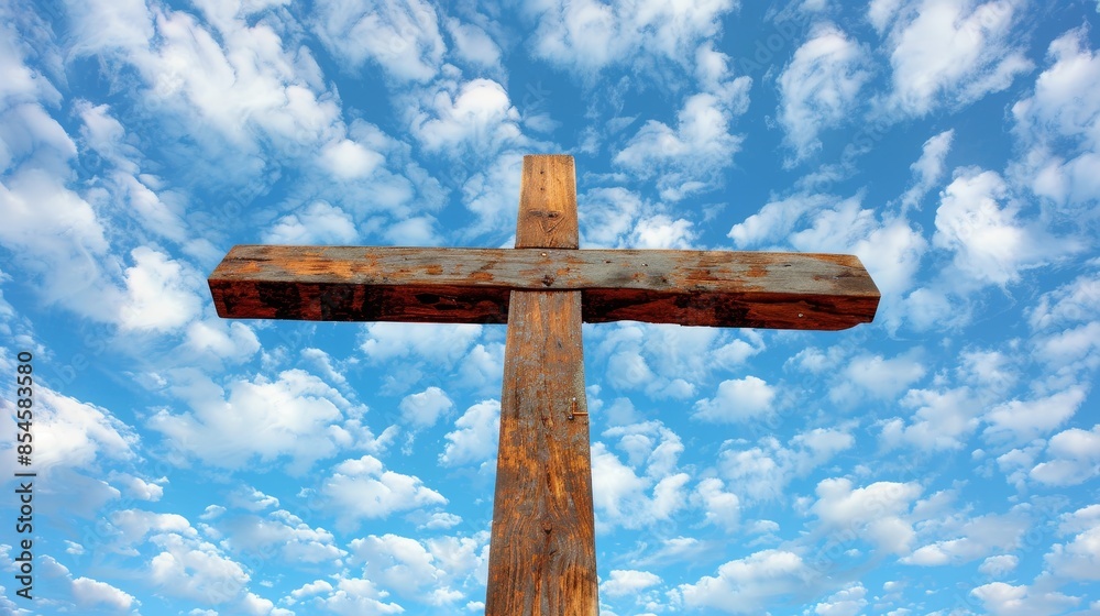Wooden Christian cross against a blue sky with scattered clouds, looking up, conveying faith and spirituality, serene and peaceful Wooden Christian cross against a blue sky with scattered clouds, looking up, conveying faith and spirituality, serene and peaceful