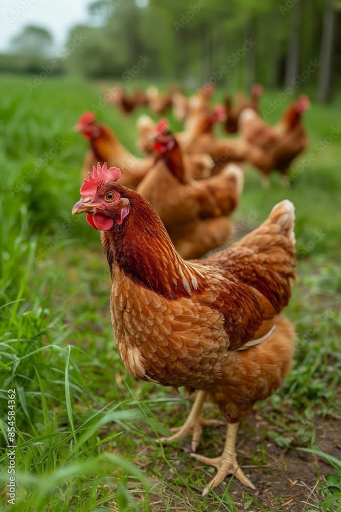 Free-Range Chickens on Farm - Brown Hens Grazing in Green Field Free-Range Chickens on Farm - Brown Hens Grazing in Green Field